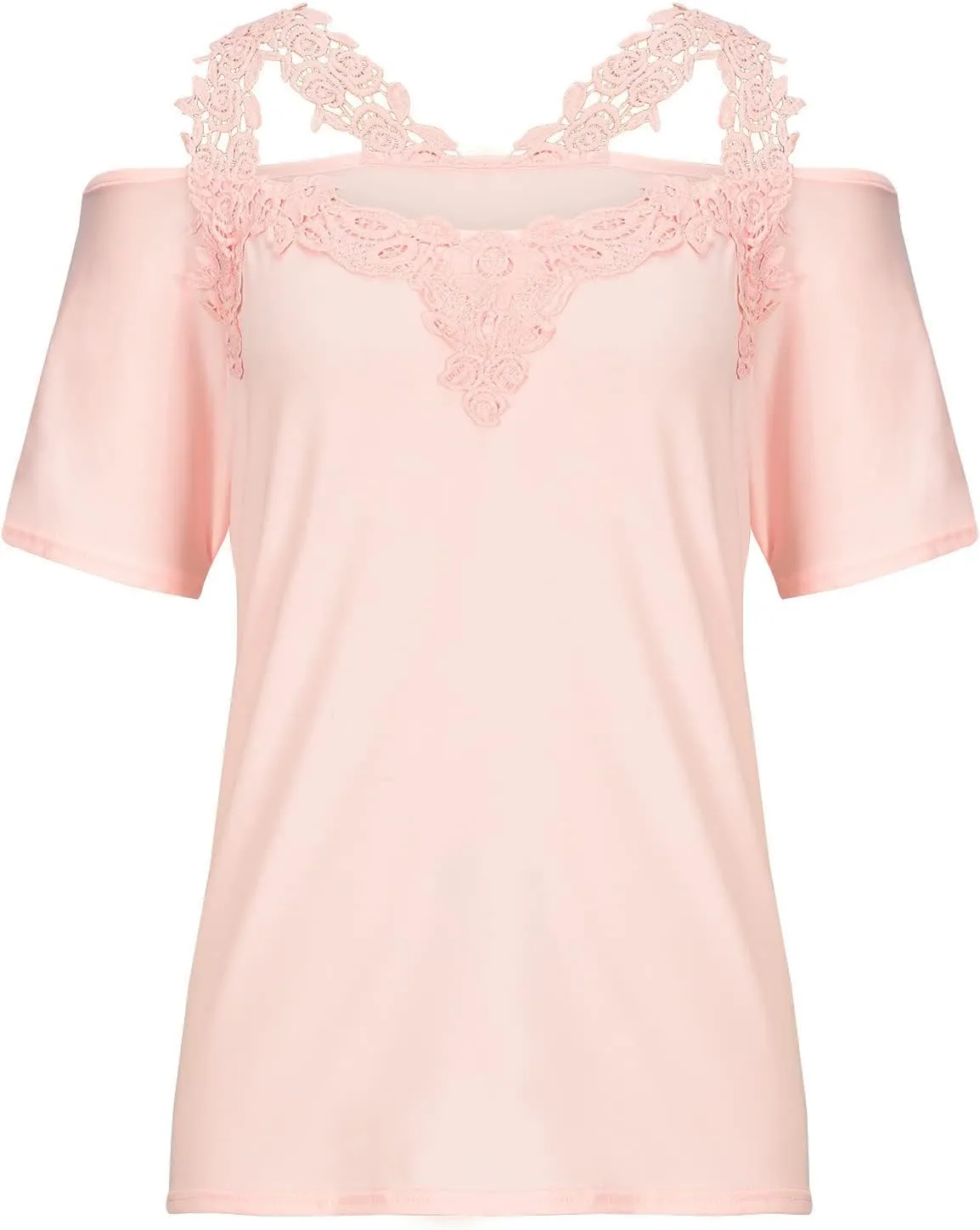 Binmer Women's Summer Short Sleeve Tops Sexy Cold Shoulder Shirts Casual Comfy Lace Splicing V Neck Tees Loose Solid Blouse