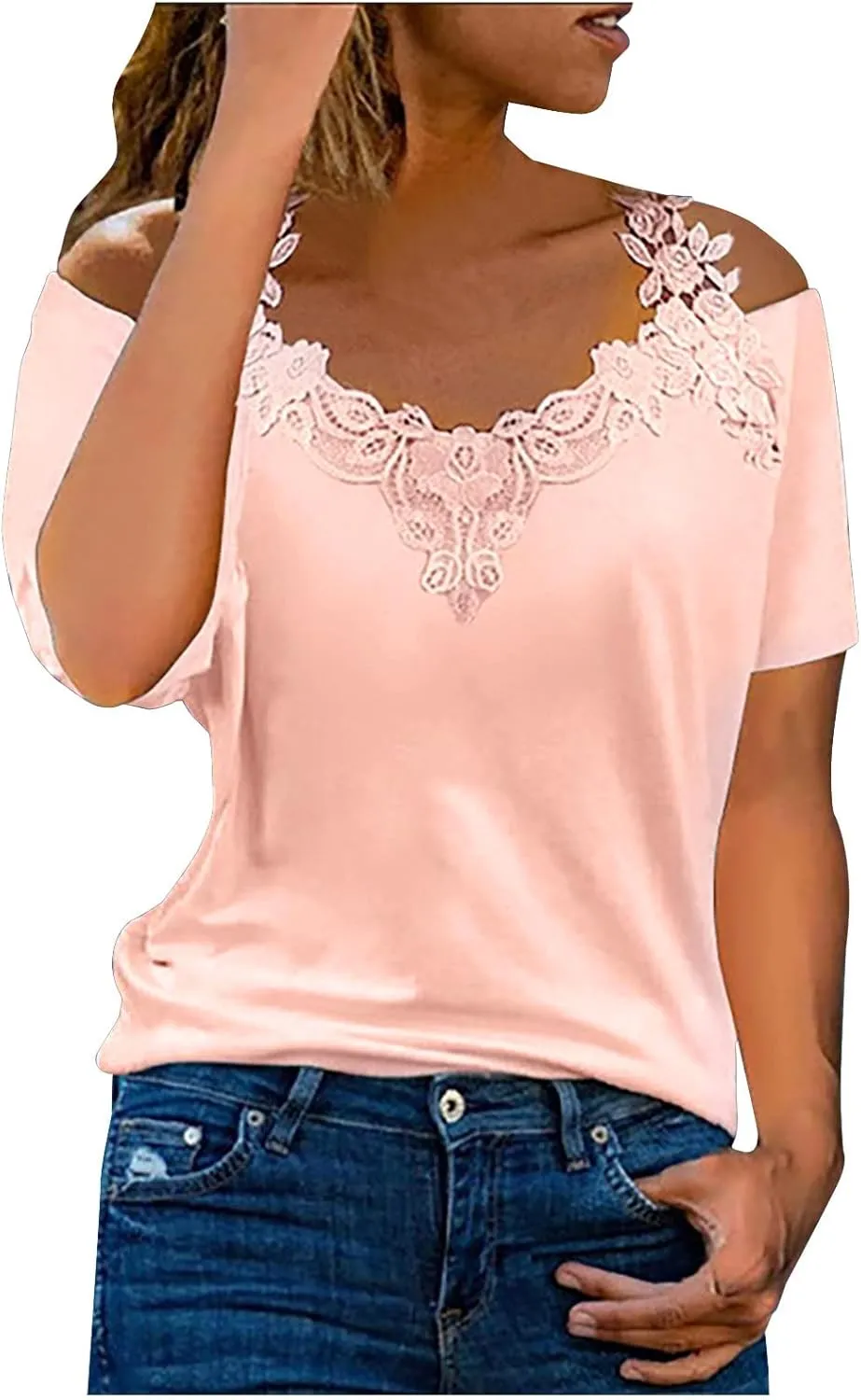 Binmer Women's Summer Short Sleeve Tops Sexy Cold Shoulder Shirts Casual Comfy Lace Splicing V Neck Tees Loose Solid Blouse