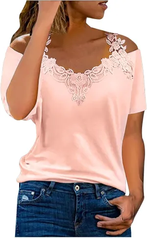 Binmer Women's Summer Short Sleeve Tops Sexy Cold Shoulder Shirts Casual Comfy Lace Splicing V Neck Tees Loose Solid Blouse