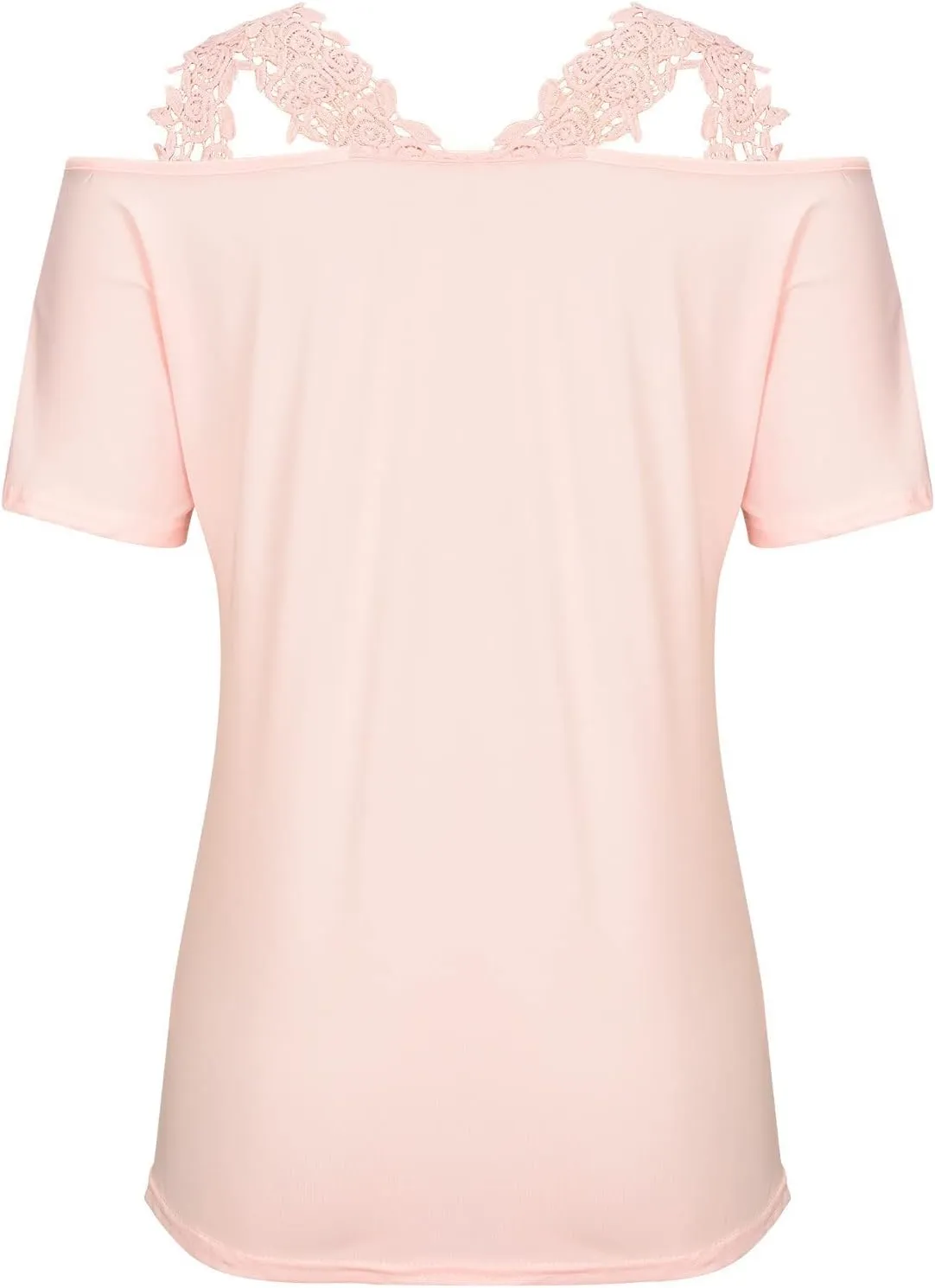 Binmer Women's Summer Short Sleeve Tops Sexy Cold Shoulder Shirts Casual Comfy Lace Splicing V Neck Tees Loose Solid Blouse