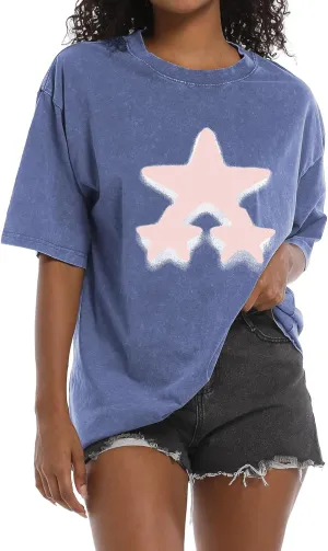 BINTEHGS Star Shirt Oversized Graphic Tees for Women Y2k Grunge Acid Wash Tshirt Vintage Baggy Streetwear Shirts for Teens