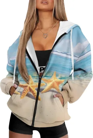 Biyejit Womens Zip Up Hoodies Long Sleeve Fall Oversized Sweatshirts Y2K Jacket with Pockets