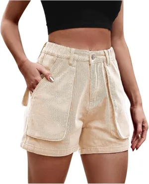 BTDECLAR Womens Denim Shorts Casual Comfy Chino Pants Elastic Waist Straight Leg Jean Shorts Loose Cargo Shorts with Pockets