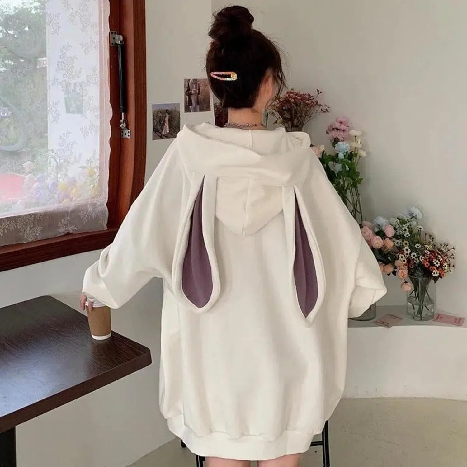 Bunny Jacket with Ears Fall Rabbit Ear with Hood Cute Bear Hoodie Long Sleeve Loose Fit Fleece Lined Hoodies