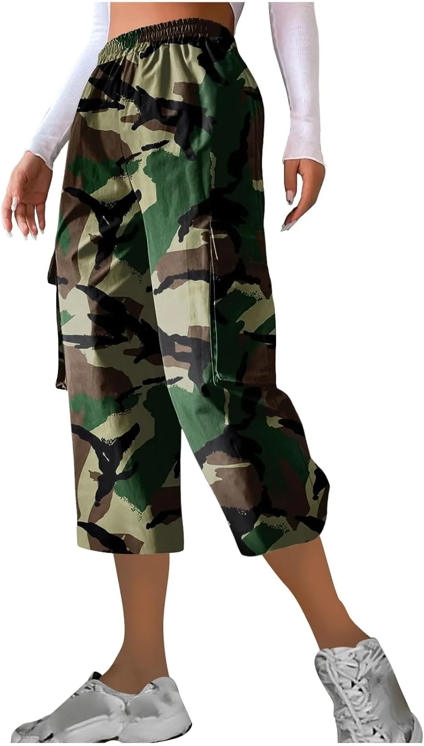 Camo Printed Pants for Womens Training Workout Running Sweatpants Casual Elastic Waist Cropped Trousers with Pockets