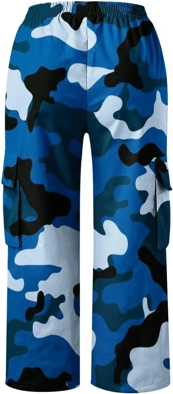 Camo Printed Pants for Womens Training Workout Running Sweatpants Casual Elastic Waist Cropped Trousers with Pockets