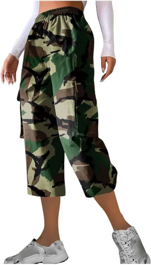 Camo Printed Pants for Womens Training Workout Running Sweatpants Casual Elastic Waist Cropped Trousers with Pockets