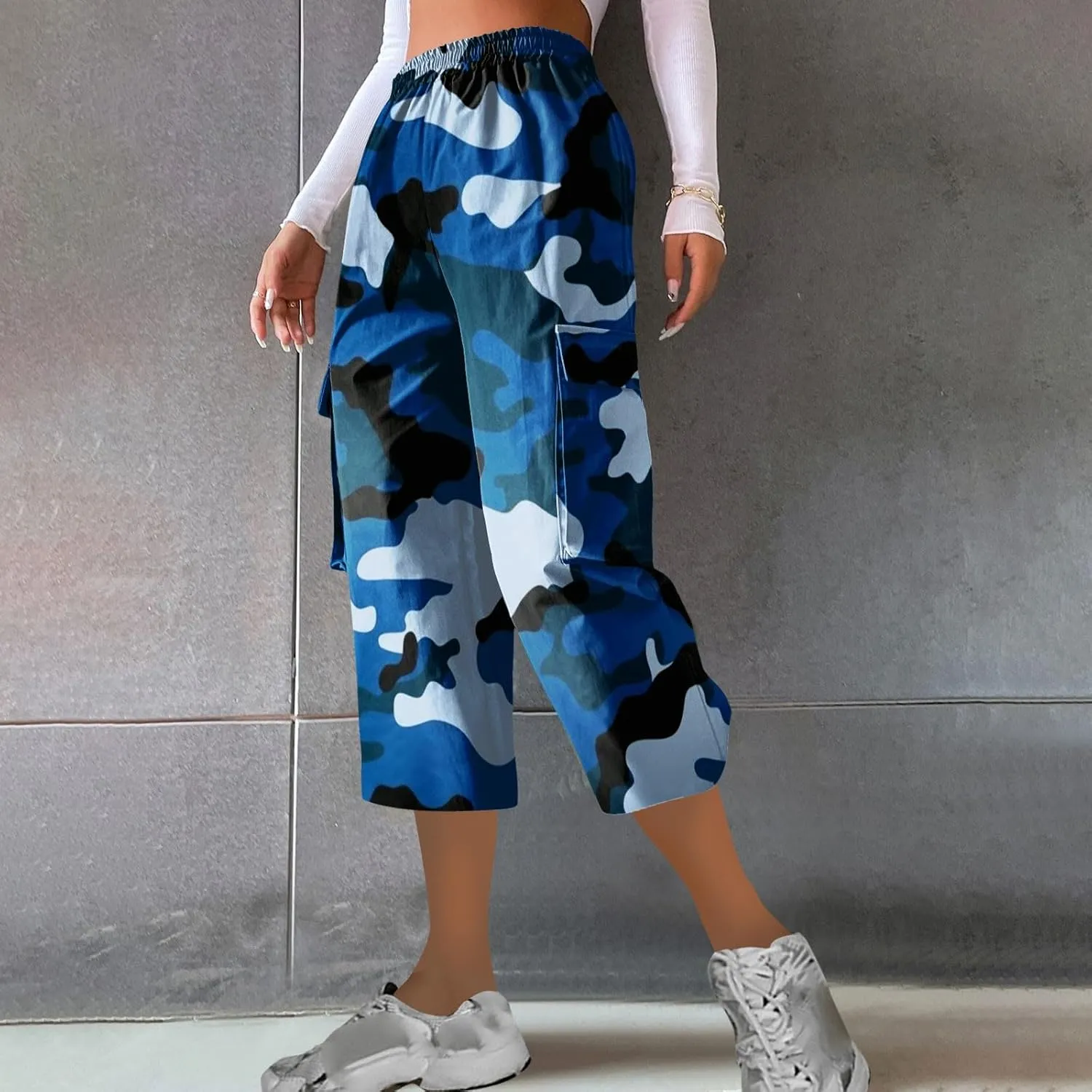 Camo Printed Pants for Womens Training Workout Running Sweatpants Casual Elastic Waist Cropped Trousers with Pockets
