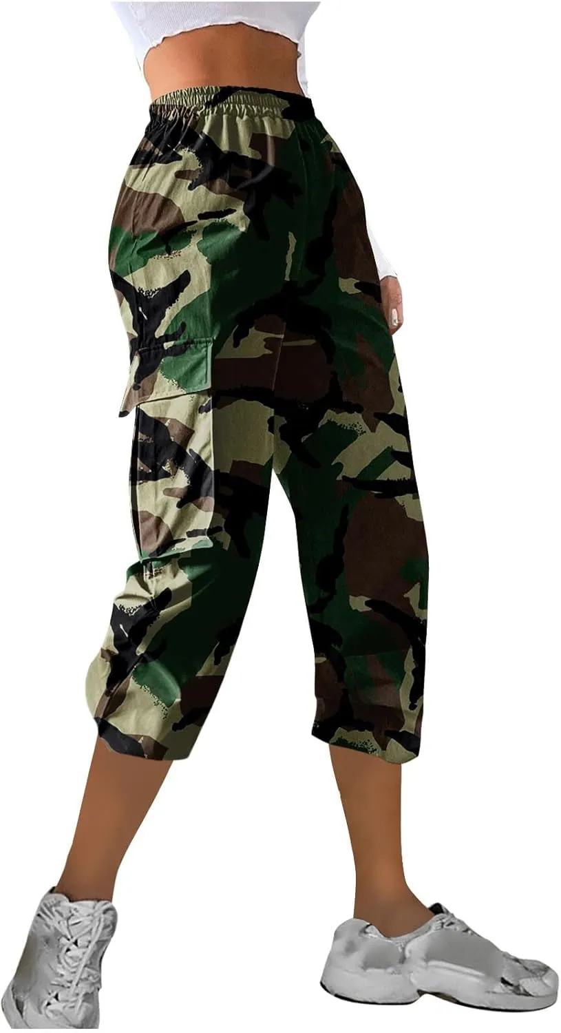 Camo Printed Pants for Womens Training Workout Running Sweatpants Casual Elastic Waist Cropped Trousers with Pockets