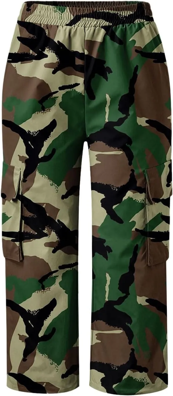 Camo Printed Pants for Womens Training Workout Running Sweatpants Casual Elastic Waist Cropped Trousers with Pockets
