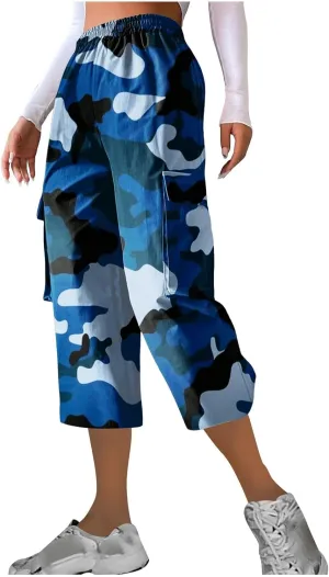 Camo Printed Pants for Womens Training Workout Running Sweatpants Casual Elastic Waist Cropped Trousers with Pockets
