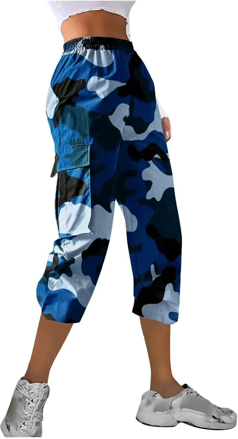 Camo Printed Pants for Womens Training Workout Running Sweatpants Casual Elastic Waist Cropped Trousers with Pockets