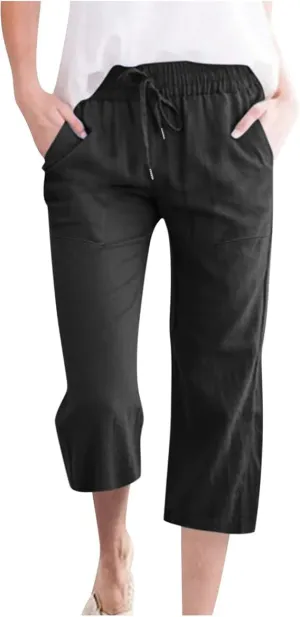 Capri Pants for Women Casual Summer Cotton Elastic High Waist Linen Pants Plus Size Cropped Pant Beach Clothes Trousers