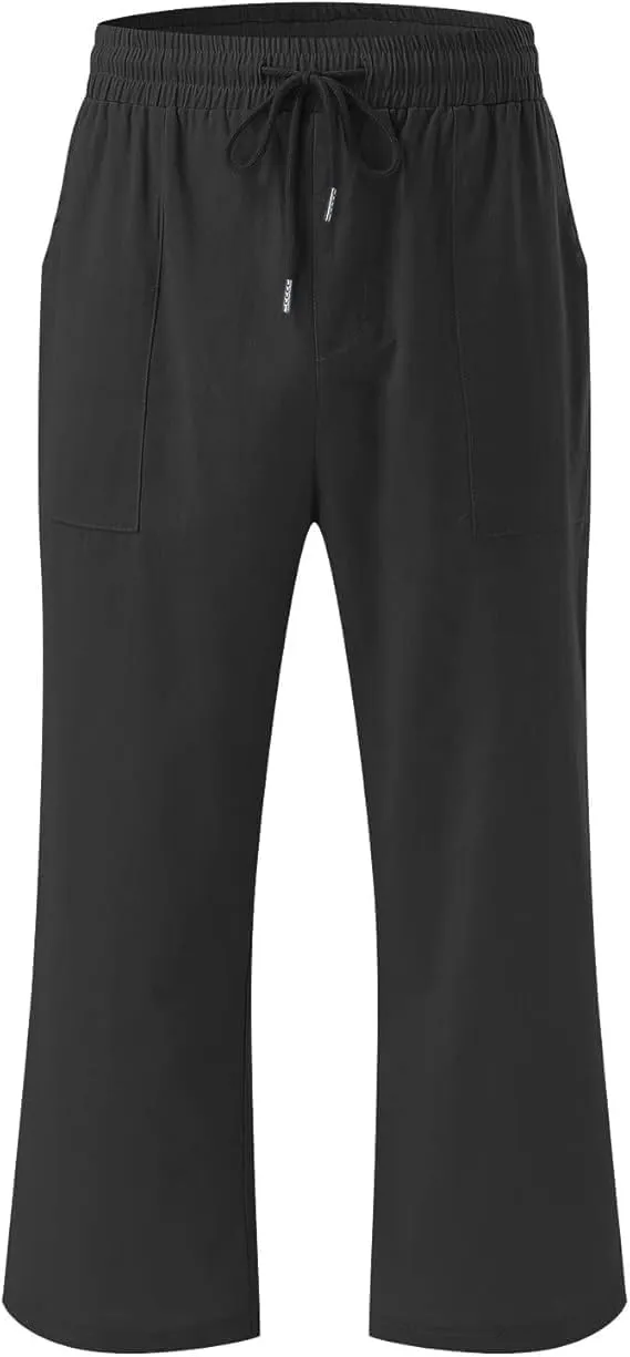 Capri Pants for Women Casual Summer Cotton Elastic High Waist Linen Pants Plus Size Cropped Pant Beach Clothes Trousers