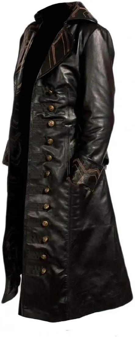 Captain Hook Trench Coat Halloween Cosplay Costume Black Leather Coat
