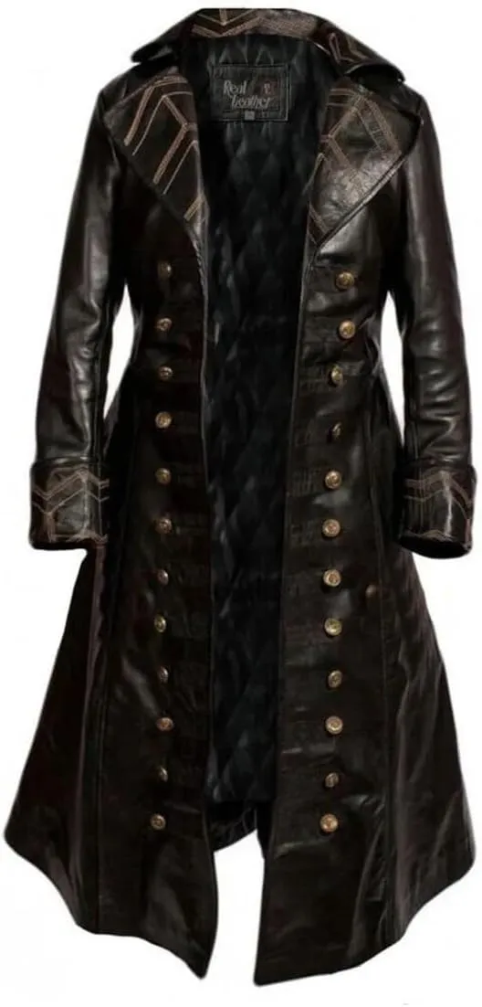 Captain Hook Trench Coat Halloween Cosplay Costume Black Leather Coat