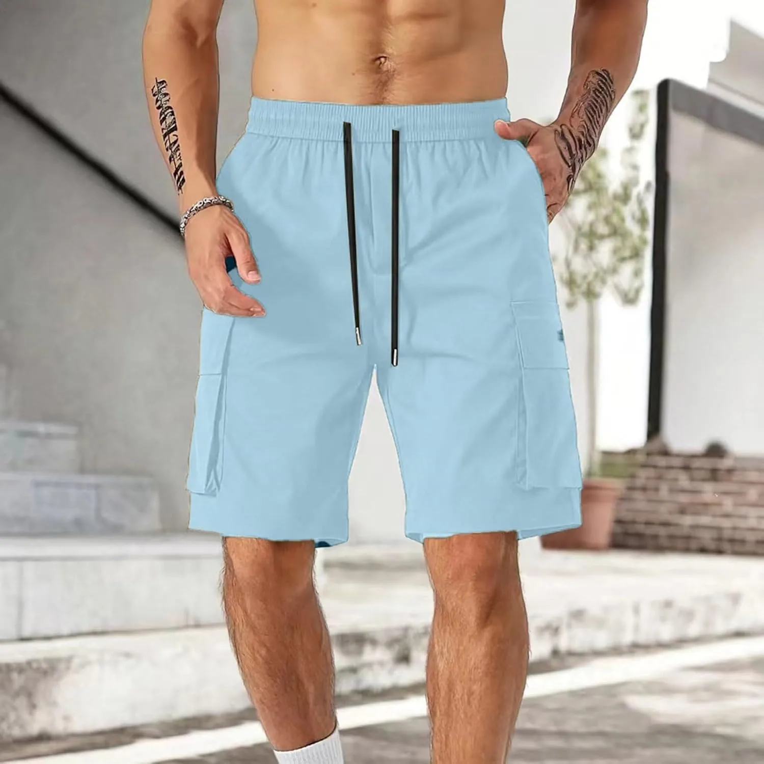 Cargo Shorts for Men Drawstring Elastic Waist Athletic Work Shorts Outdoor Hiking Short Pants with Multi Pockets