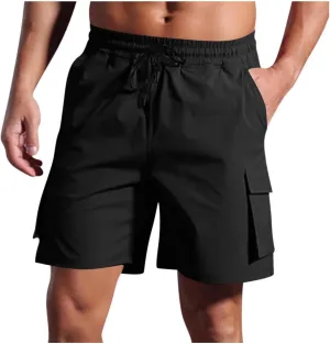 Cargo Shorts for Men Solid Color Elastic Waist Multiple Pockets Cropped Pants Flowy Cotton Comfy Breathable Short