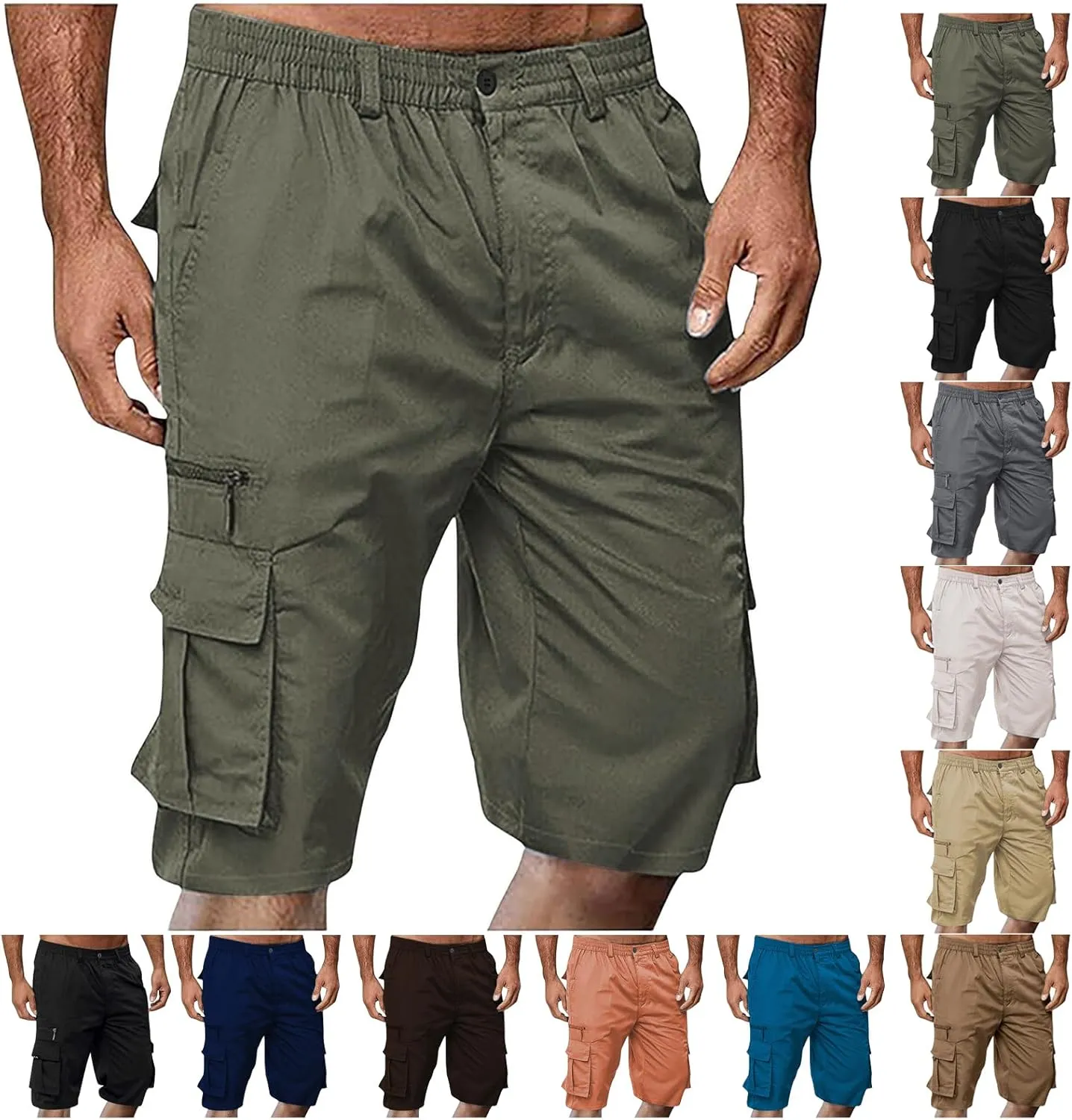 Cargo Shorts for Men Stretch Waist Casual Athletic Hiking Sweat Shorts Knee Length Lightweight Straight Short Pants