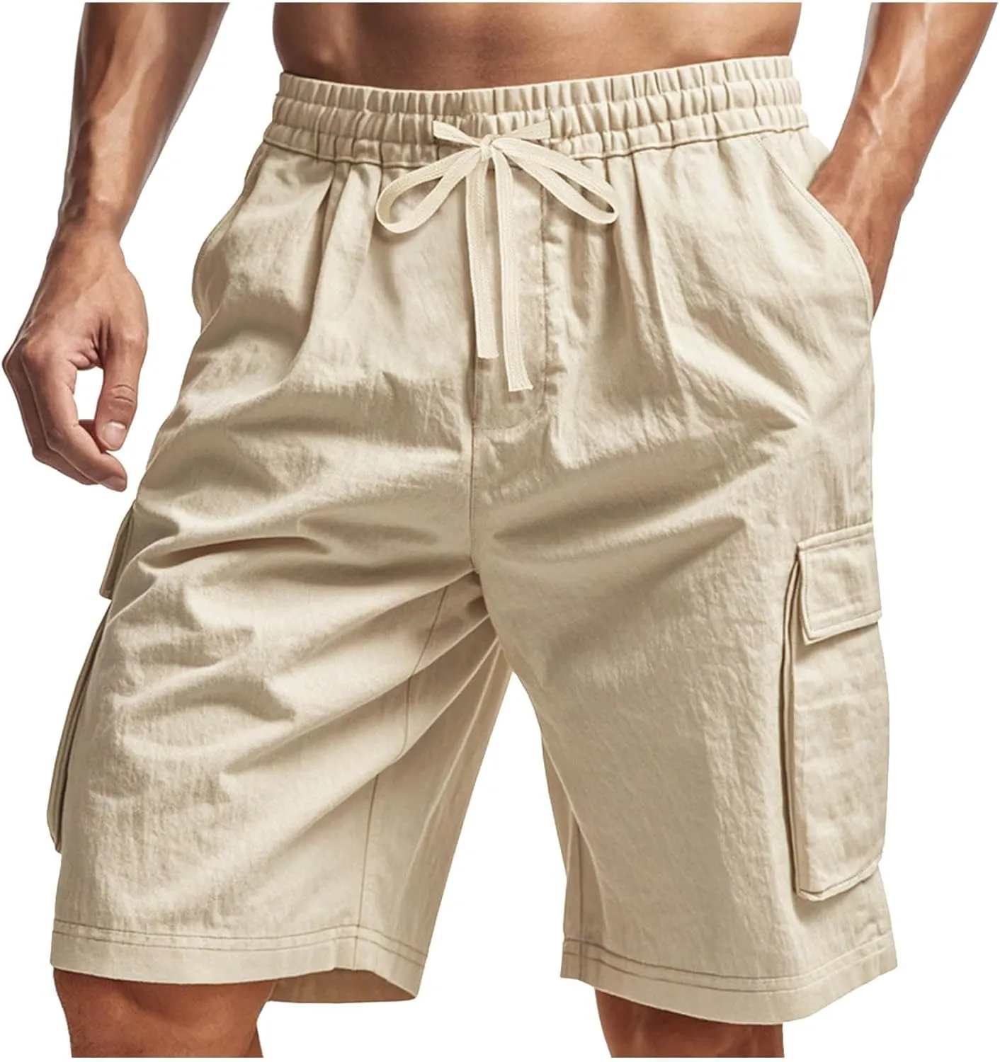 Cargo Shorts for Men Stretch Waist Drawstring Casual Chino Pant Outdoor Hiking Workout Lightweight Work Outfit Pocket