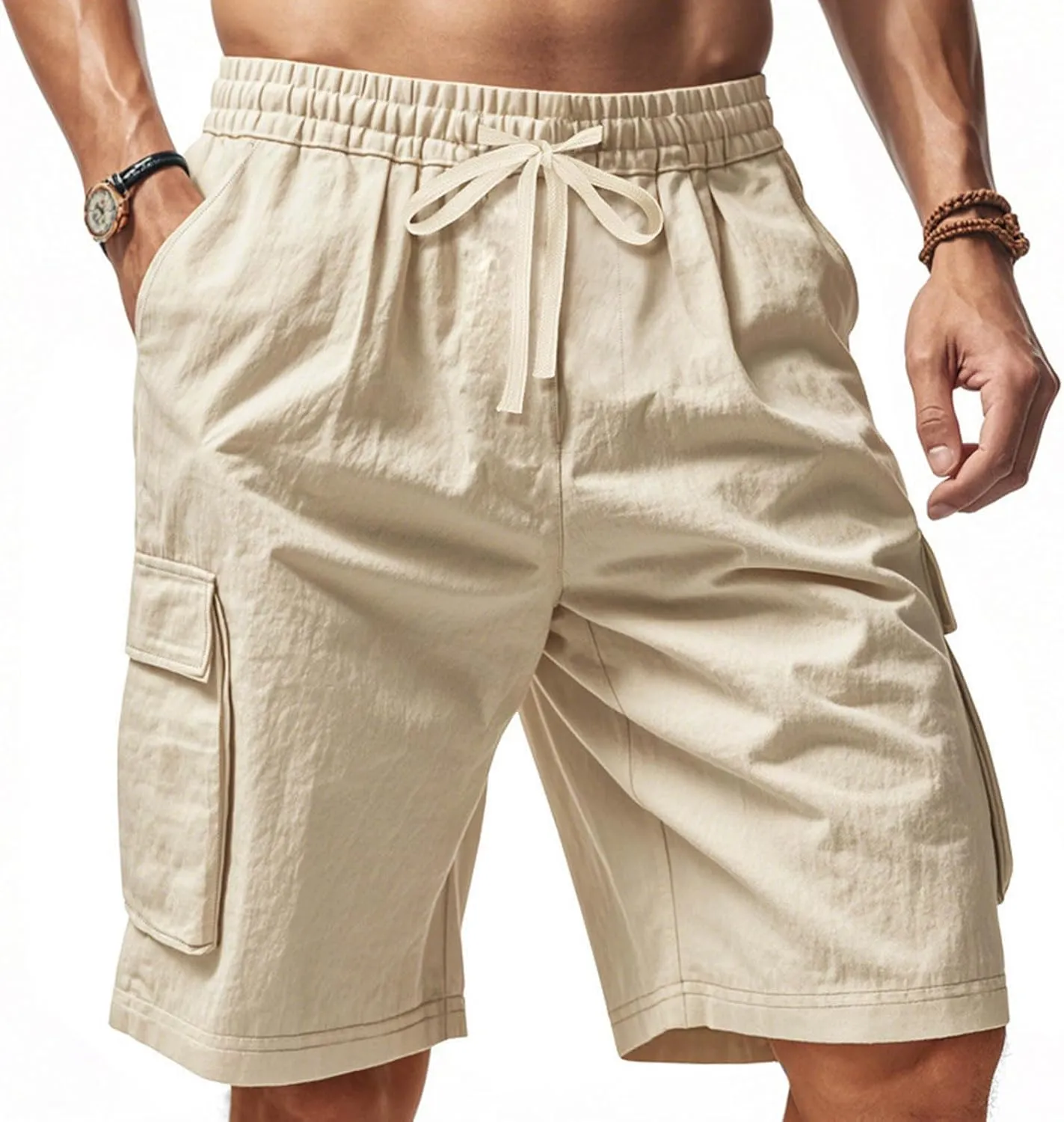 Cargo Shorts for Men Stretch Waist Drawstring Casual Chino Pant Outdoor Hiking Workout Lightweight Work Outfit Pocket