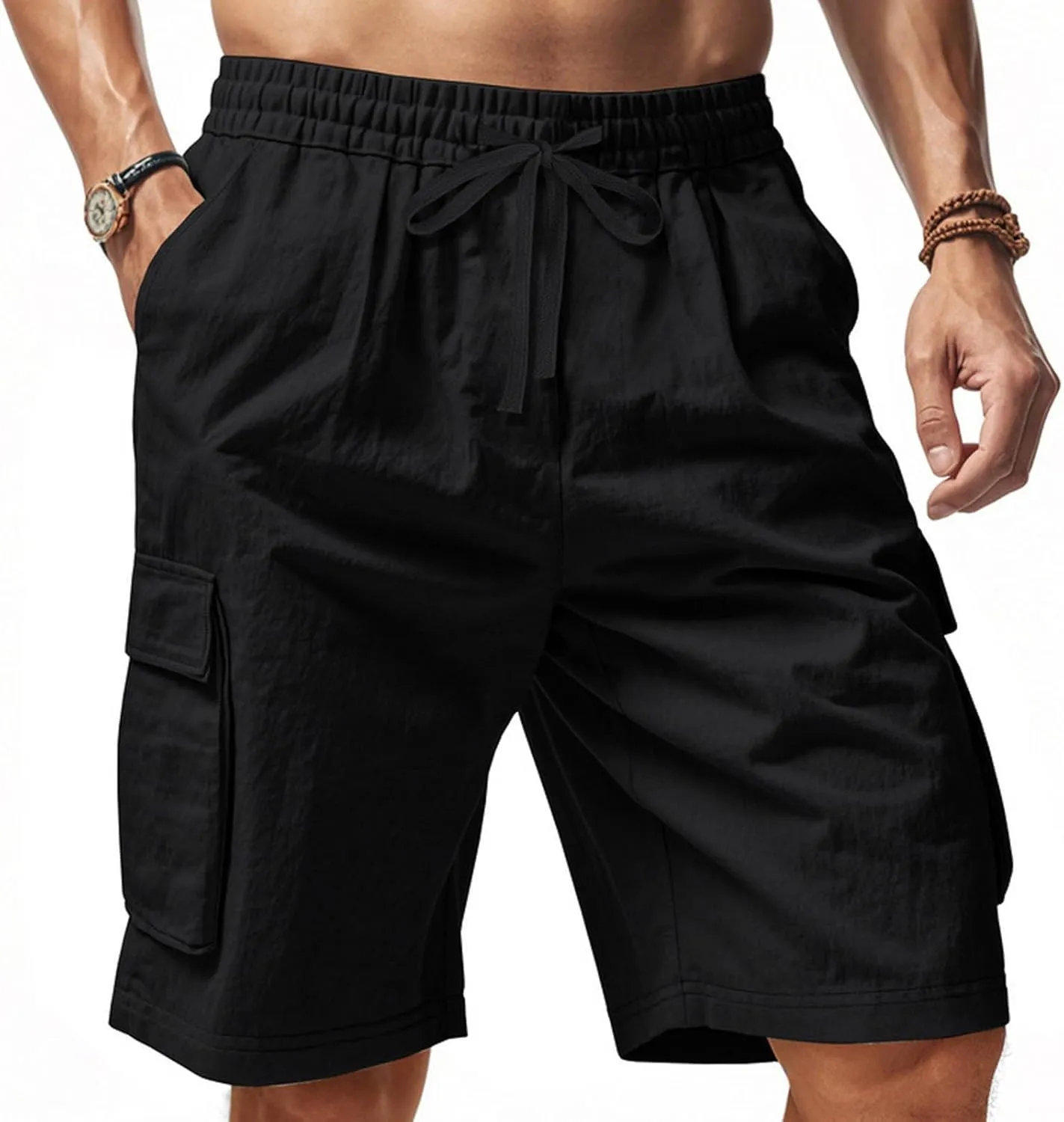 Cargo Shorts for Men Stretch Waist Drawstring Casual Chino Pant Outdoor Hiking Workout Lightweight Work Outfit Pocket