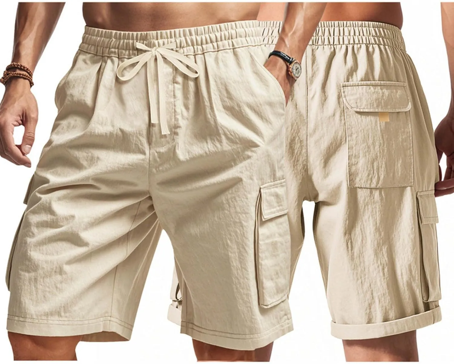 Cargo Shorts for Men Stretch Waist Drawstring Casual Chino Pant Outdoor Hiking Workout Lightweight Work Outfit Pocket