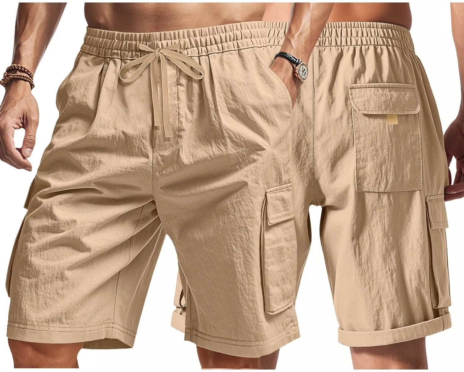 Cargo Shorts for Men Stretch Waist Drawstring Casual Chino Pant Outdoor Hiking Workout Lightweight Work Outfit Pocket