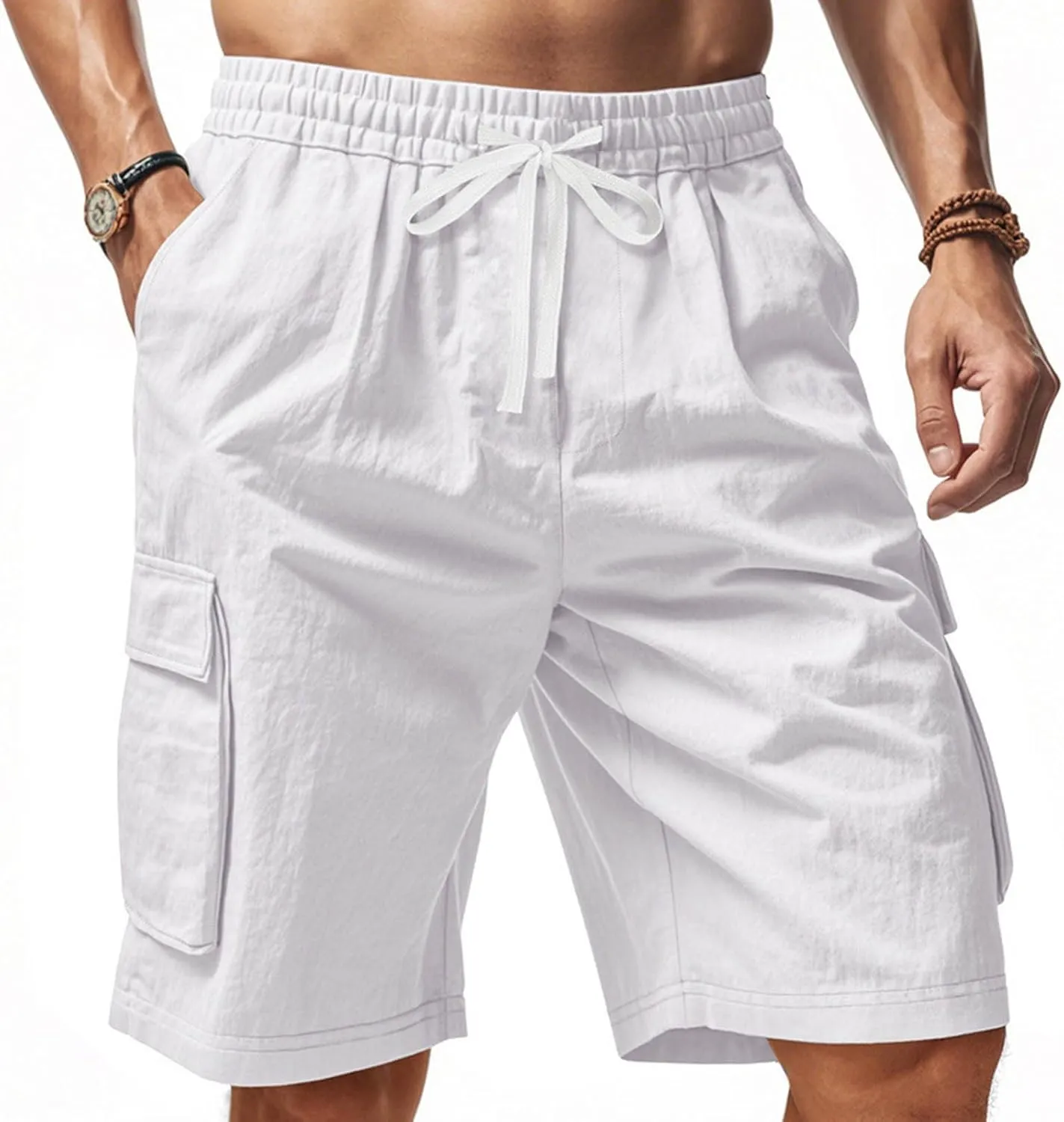 Cargo Shorts for Men Stretch Waist Drawstring Casual Chino Pant Outdoor Hiking Workout Lightweight Work Outfit Pocket