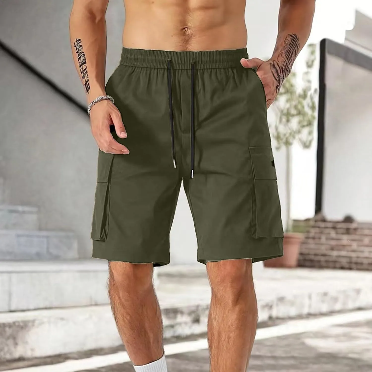 Cargo Shorts for Men Stretch Waist Drawstring Slim Fit Bermuda Hiking Shorts Big Tall Gym Golf Pants Multi Pockets