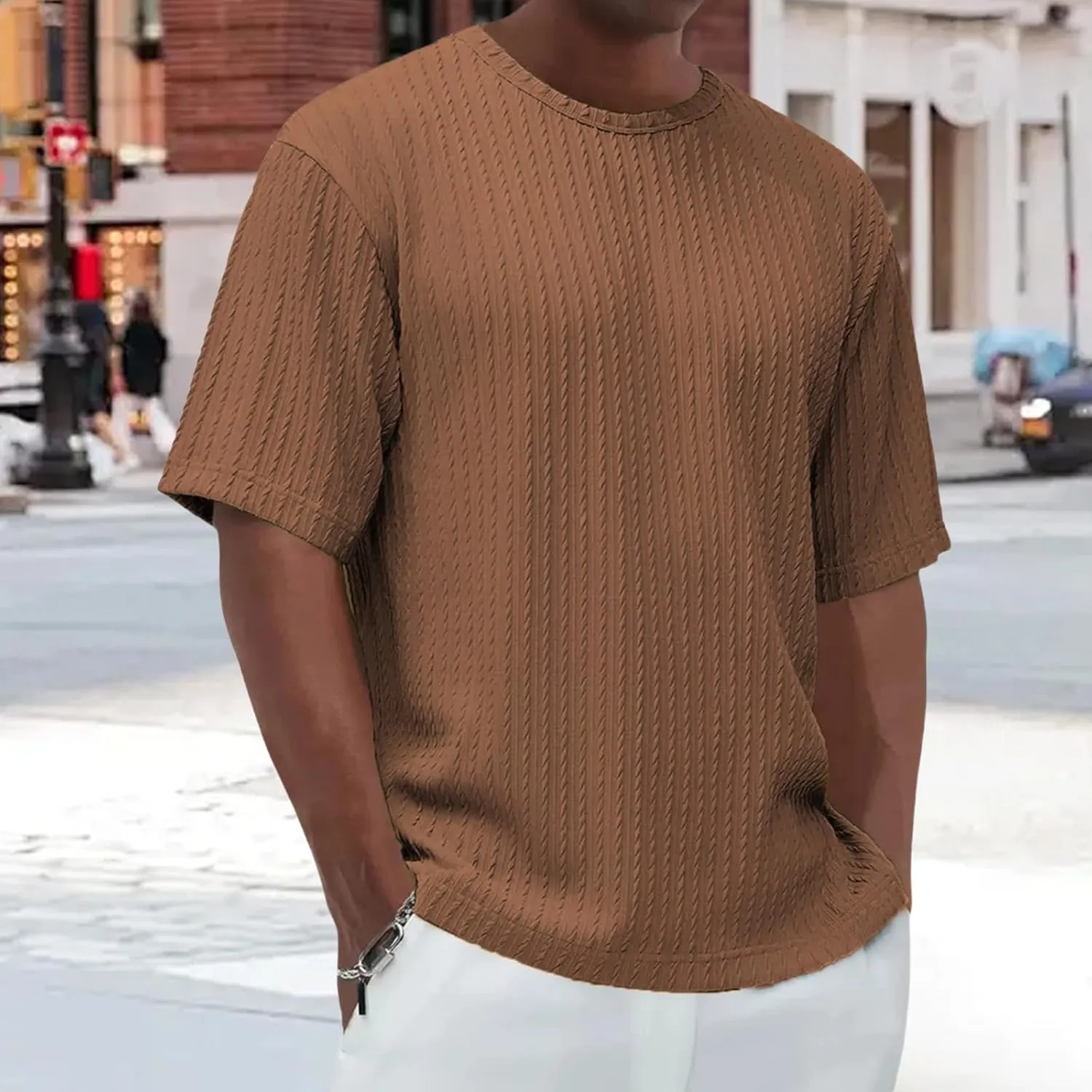 Casual Crewneck T Shirts for Men Classic Jacquard Athletic Tee Fashion Slim Fit Basic Tee Outdoor Hiking Travel Tops