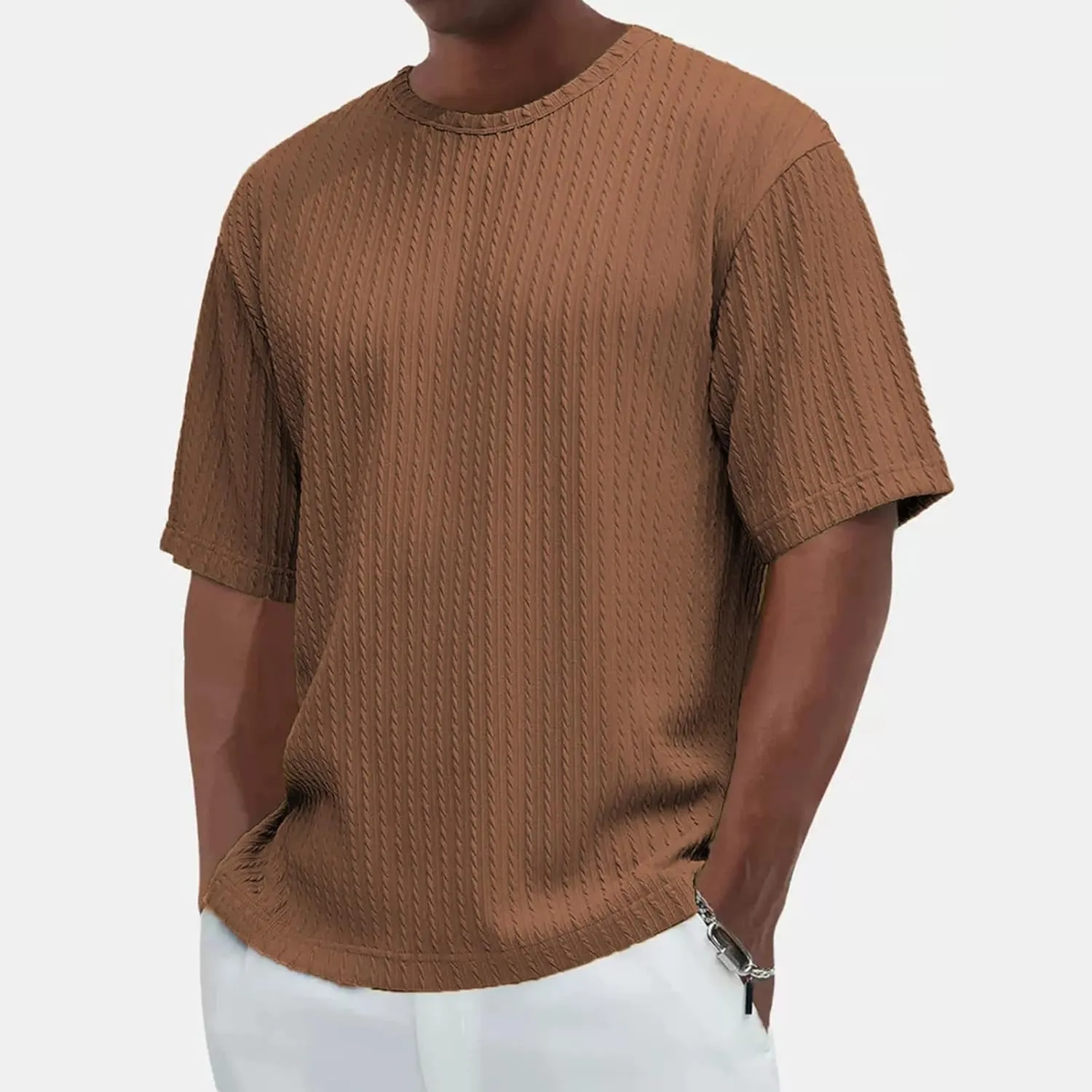 Casual Crewneck T Shirts for Men Classic Jacquard Athletic Tee Fashion Slim Fit Basic Tee Outdoor Hiking Travel Tops