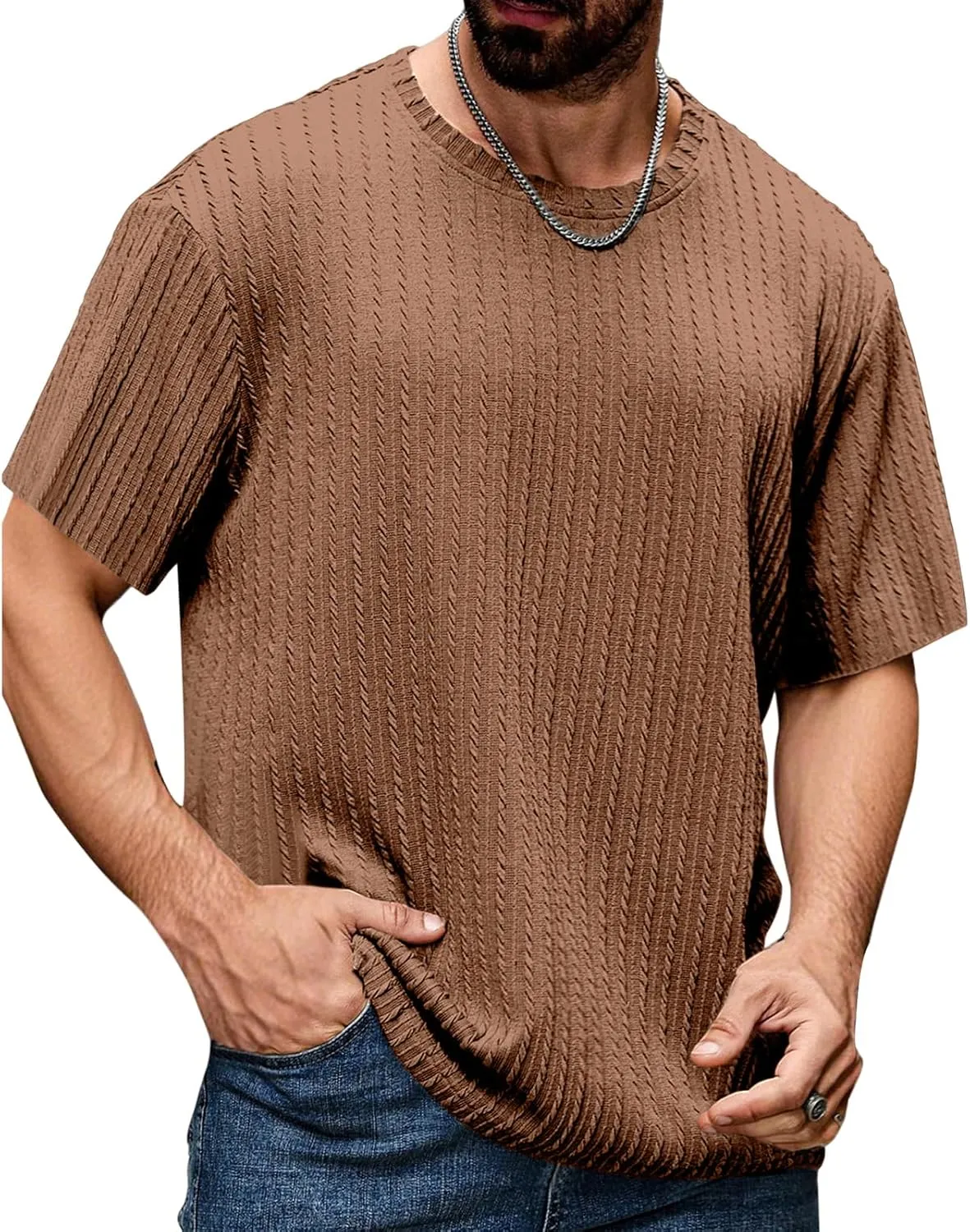 Casual Crewneck T Shirts for Men Classic Jacquard Athletic Tee Fashion Slim Fit Basic Tee Outdoor Hiking Travel Tops
