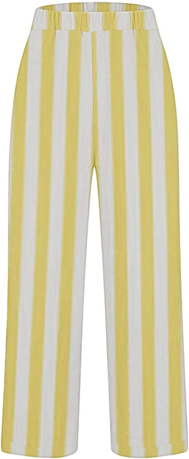 Casual Pants for Women Fashion Stripe Printed Elastic Waist Straight Leg Trousers 2025 Summer Loose Fit Hiking Pants