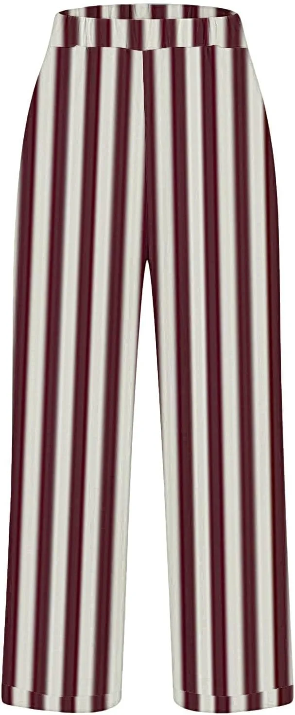 Casual Pants for Women Fashion Stripe Printed Elastic Waist Straight Leg Trousers 2025 Summer Loose Fit Hiking Pants