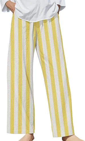 Casual Pants for Women Fashion Stripe Printed Elastic Waist Straight Leg Trousers 2025 Summer Loose Fit Hiking Pants