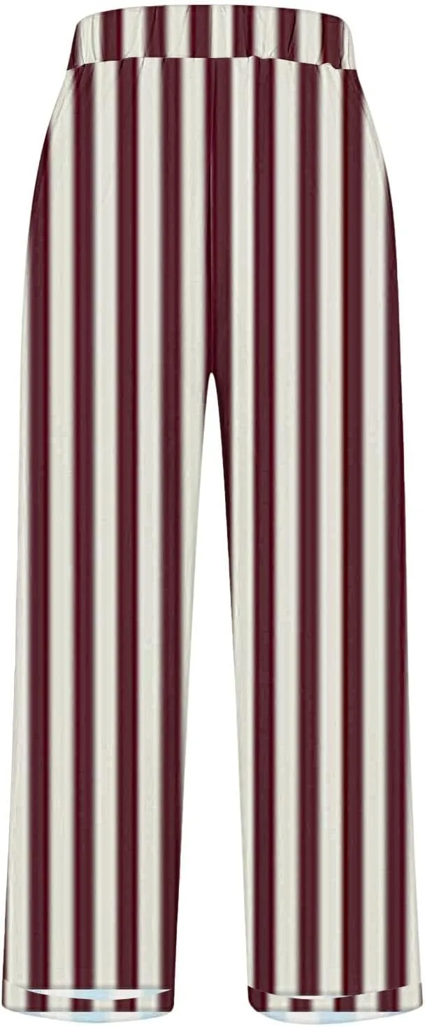 Casual Pants for Women Fashion Stripe Printed Elastic Waist Straight Leg Trousers 2025 Summer Loose Fit Hiking Pants