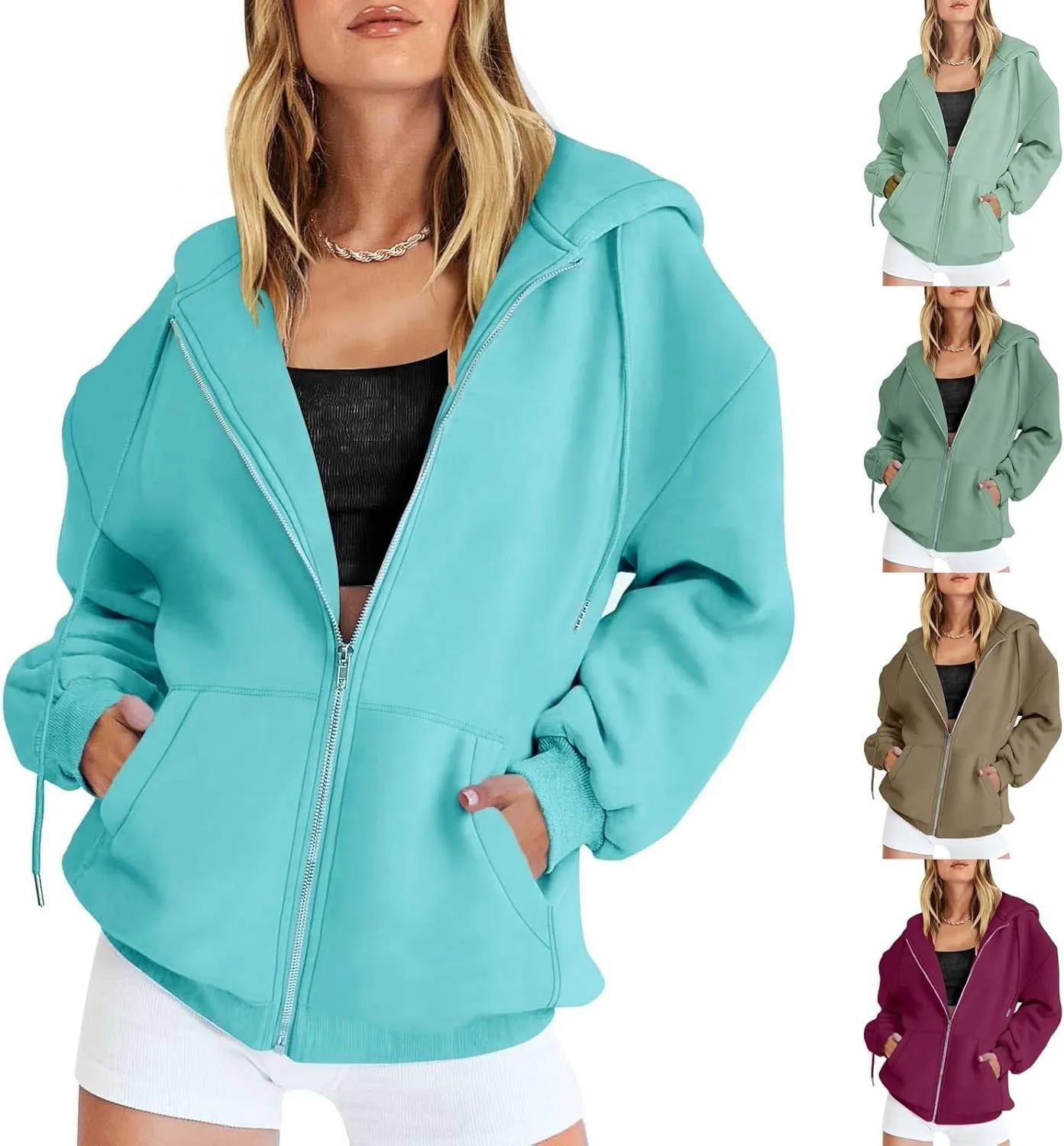 Casual Zip Up Hoodies for Women Long Sleeve Drawstring Oversized Sweatshirts Loose Fall Fashion Jackets with Pockets