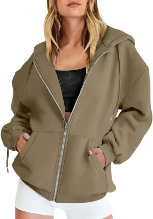 Casual Zip Up Hoodies for Women Long Sleeve Drawstring Oversized Sweatshirts Loose Fall Fashion Jackets with Pockets