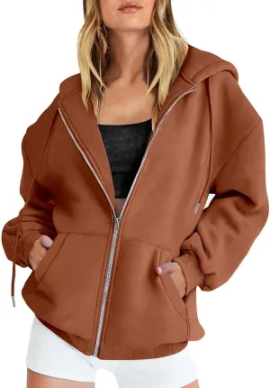 Casual Zip Up Hoodies for Women Long Sleeve Drawstring Oversized Sweatshirts Loose Fall Fashion Jackets with Pockets