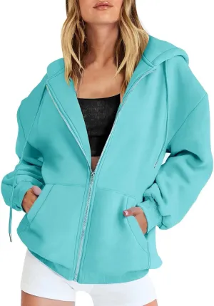 Casual Zip Up Hoodies for Women Long Sleeve Drawstring Oversized Sweatshirts Loose Fall Fashion Jackets with Pockets