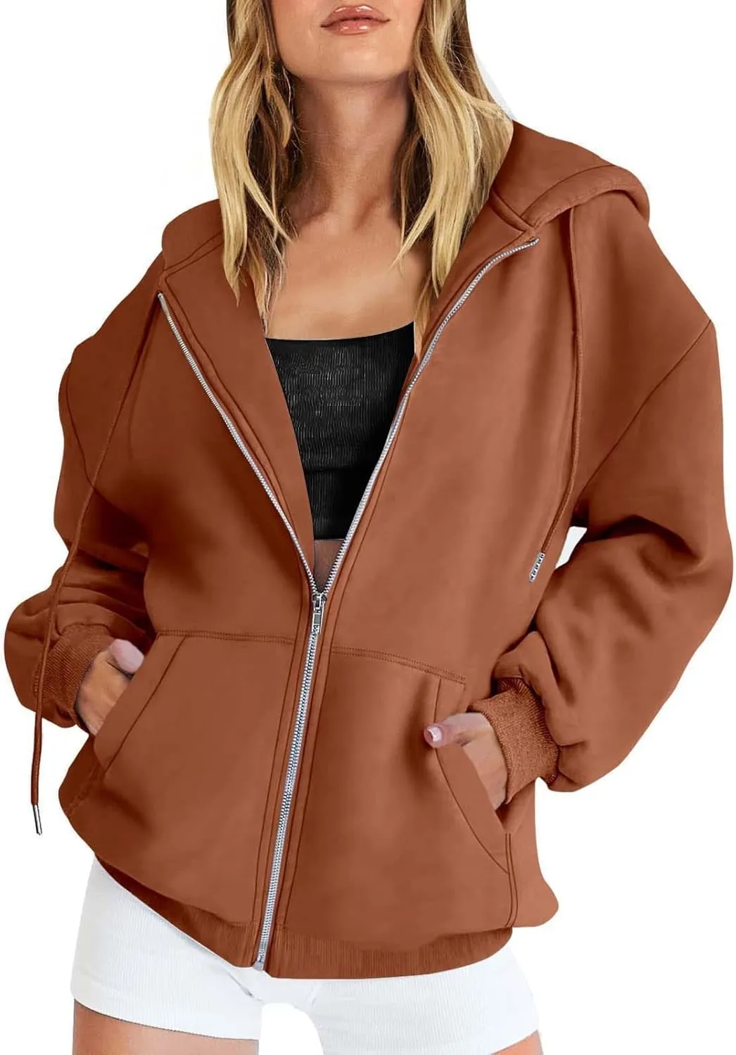 Casual Zip Up Hoodies for Women Long Sleeve Drawstring Oversized Sweatshirts Loose Fall Fashion Jackets with Pockets