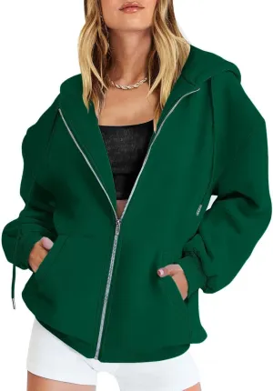 Casual Zip Up Hoodies for Women Long Sleeve Drawstring Oversized Sweatshirts Loose Fall Fashion Jackets with Pockets