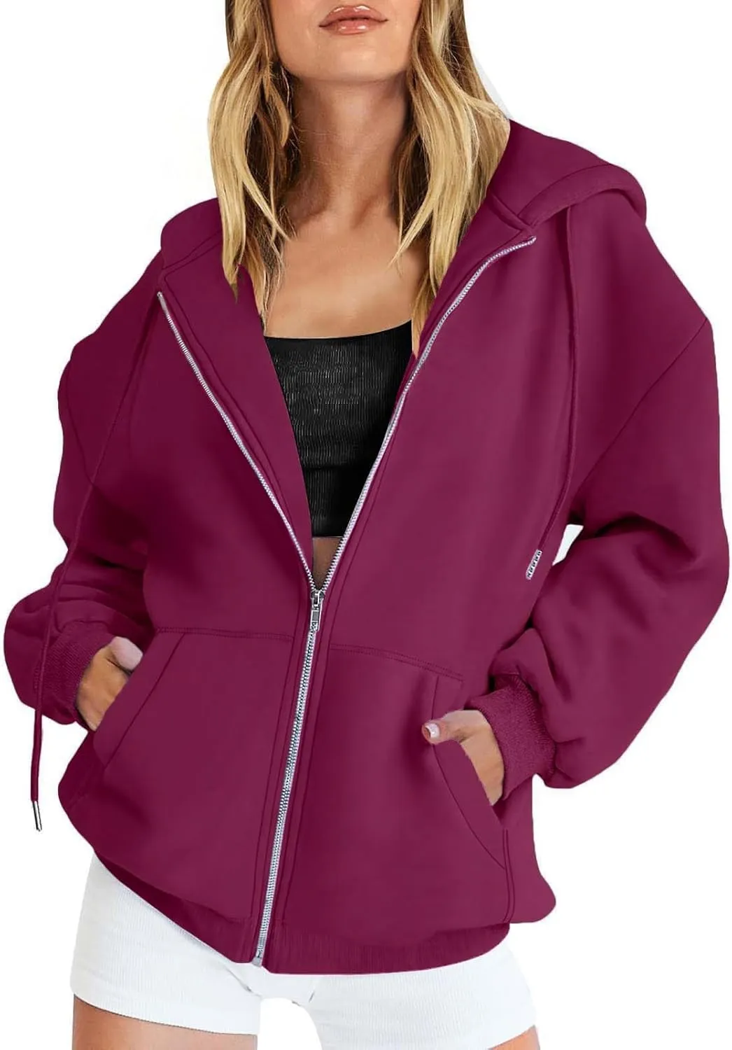 Casual Zip Up Hoodies for Women Long Sleeve Drawstring Oversized Sweatshirts Loose Fall Fashion Jackets with Pockets