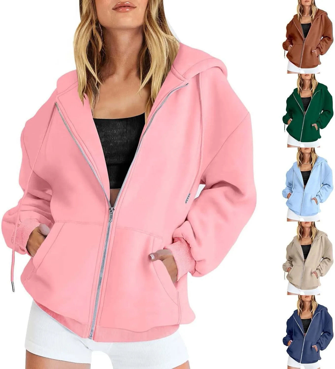 Casual Zip Up Hoodies for Women Long Sleeve Drawstring Oversized Sweatshirts Loose Fall Fashion Jackets with Pockets