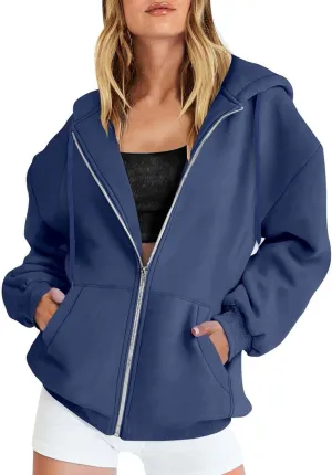 Casual Zip Up Hoodies for Women Long Sleeve Drawstring Oversized Sweatshirts Loose Fall Fashion Jackets with Pockets