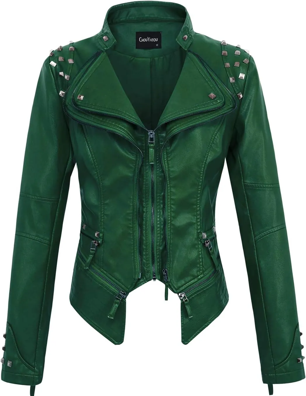 chouyatou Women's Fashion Studded Perfectly Shaping Faux Leather Biker Jacket