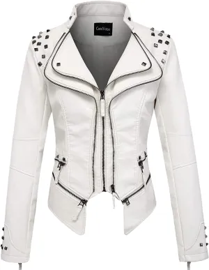 chouyatou Women's Fashion Studded Perfectly Shaping Faux Leather Biker Jacket
