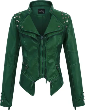 chouyatou Women's Fashion Studded Perfectly Shaping Faux Leather Biker Jacket