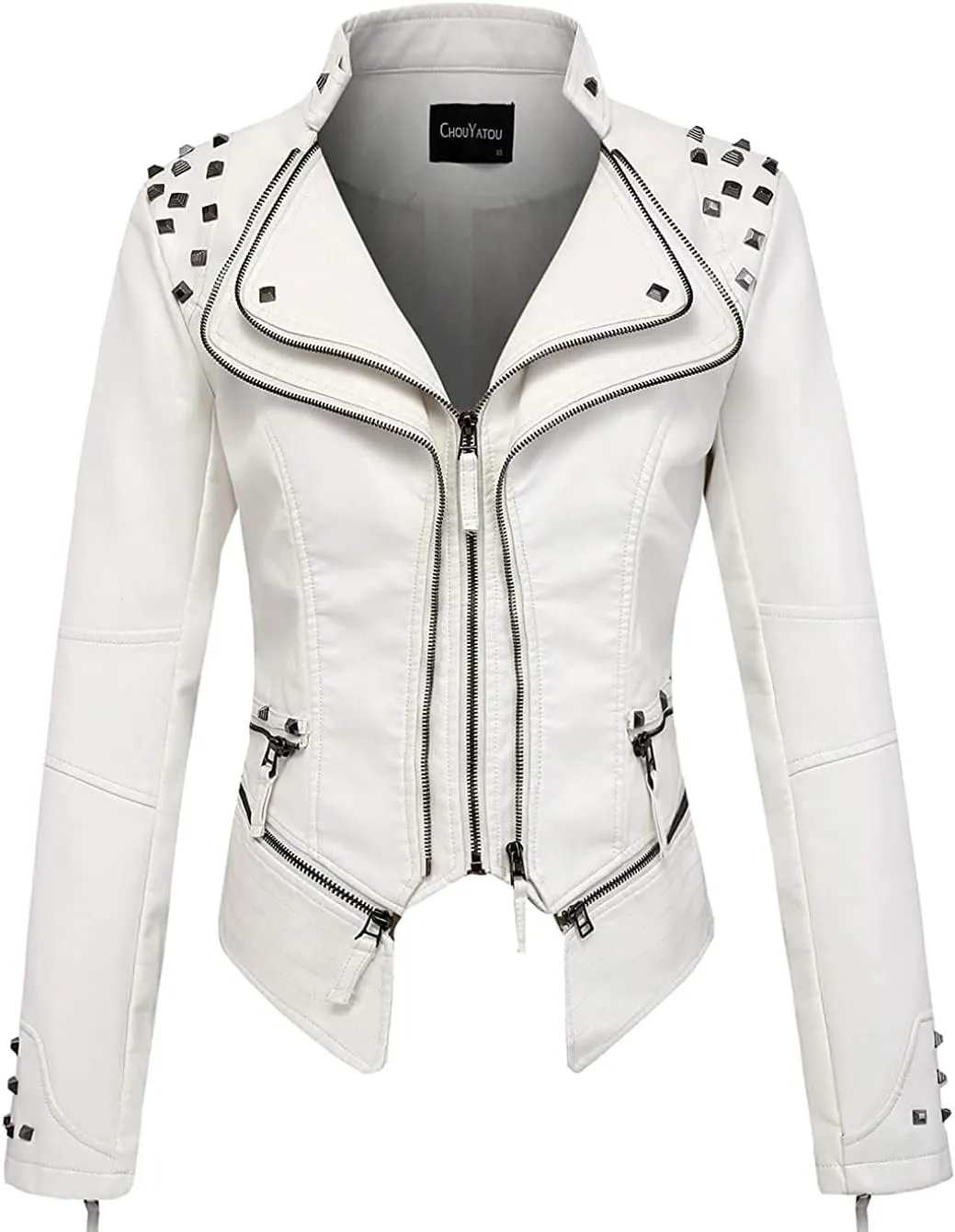 chouyatou Women's Fashion Studded Perfectly Shaping Faux Leather Biker Jacket